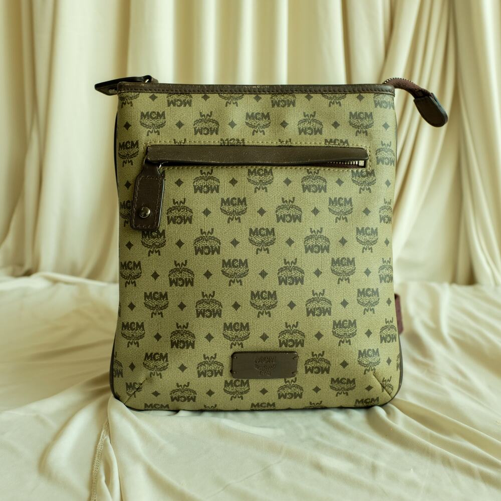 MCM Messenger Bag - Brown Monogram, Leather Trim, Silver Hardware